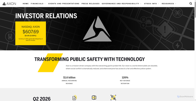 Security scan screenshot of https://investor.axon.com/