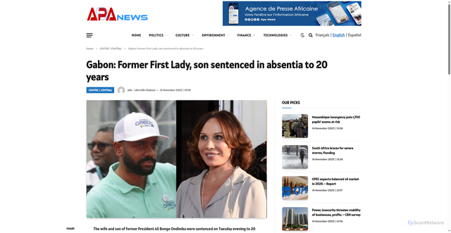 Security scan screenshot of https://apanews.net/gabon-former-first-lady-son-sentenced-in-absentia-to-20-years/