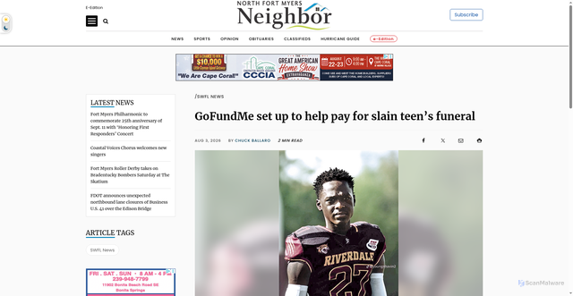 Security scan screenshot of https://www.northfortmyersneighbor.com/news/swfl-news/2026/08/gofundme-set-up-to-help-pay-for-slain-teens-funeral/