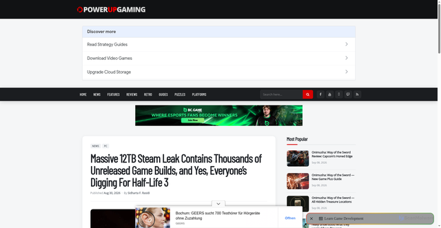 Security scan screenshot of https://powerupgaming.co.uk/2026/08/30/massive-12tb-steam-leak-contains-thousands-of-unreleased-game-builds-and-yes-everyones-digging-for-half-life-3/