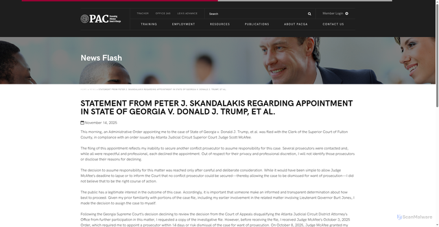 Security scan screenshot of https://pacga.org/2025/11/14/statement-from-peter-j-skandalakis-regarding-appointment-in-state-of-georgia-v-donald-j-trump-et-al/