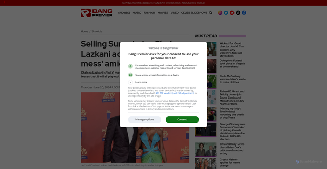 Security scan screenshot of https://bangpremier.com/story/8/3102651/selling-sunset-star-chelsea-lazkani-admits-she-is-in-a-mess-amid-divorce