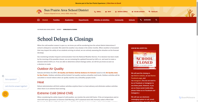 Security scan screenshot of https://www.sunprairieschools.org/district/school-delays-closings