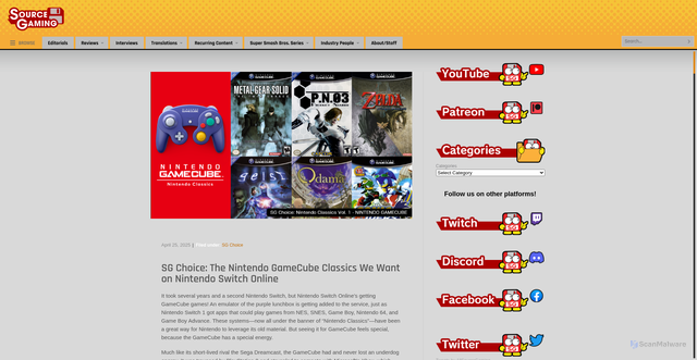 Security scan screenshot of https://sourcegaming.info/2025/04/25/sg-choice-the-nintendo-gamecube-classics-we-want-on-nintendo-switch-online/