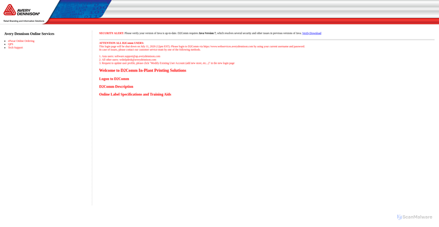 Security scan screenshot of https://d2comm.averydennison.com