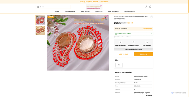 Security scan screenshot of https://kunjkreationsstudio.com/Hand-Etched-Artisanal-Diya-Plates-Red-And-Gold-Pack-Of/catalogue/7dqTFFyn/AZRzLC3X