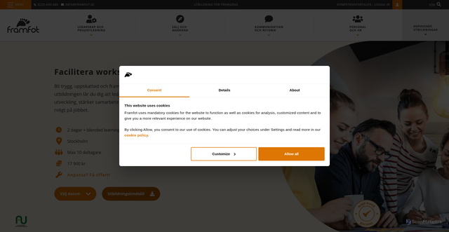 Security scan screenshot of https://www.framfot.se/utbildning-kommunikation-retorik/facilitera-workshops-moten/