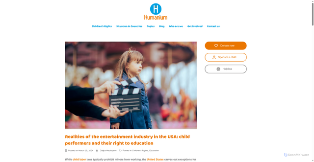 Security scan screenshot of https://www.humanium.org/en/realities-of-the-entertainment-industry-in-the-usa-child-performers-and-their-right-to-education/