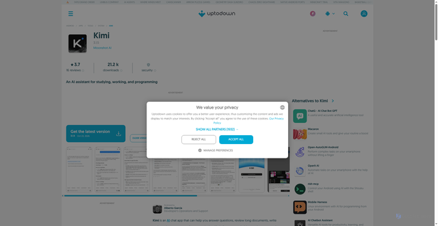 Security scan screenshot of https://com-moonshot-kimichat.en.uptodown.com/android