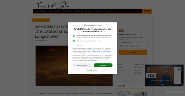 Security scan screenshot of https://twistedsifter.com/2025/11/scientists-in-1973-found-a-way-to-extend-the-total-solar-eclipse-to-74-minutes-the-longest-ever-learn-how-they-did-it/