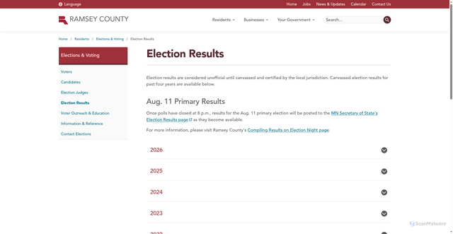 Security scan screenshot of https://www.ramseycountymn.gov/residents/elections-voting/election-results