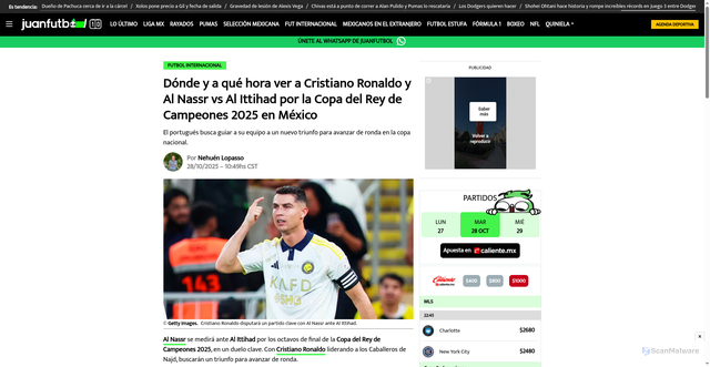 Security scan screenshot of https://juanfutbol.com/futbol-internacional/donde-y-a-que-hora-ver-a-cristiano-ronaldo-y-al-nassr-vs-al-ittihad-por-la-copa-del-rey-de-campeones-2025-en-mexico