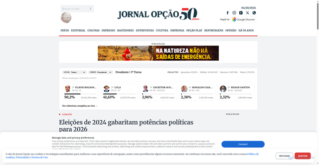 Security scan screenshot of https://www.jornalopcao.com.br/colunas-e-blogs/conexao/eleicoes-de-2024-gabaritam-potencias-politicas-para-2026-652983/