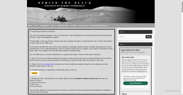 Security scan screenshot of https://behindtheblack.com/behind-the-black/points-of-information/falcon-9-upper-stage-to-hit-the-moon-in-august/