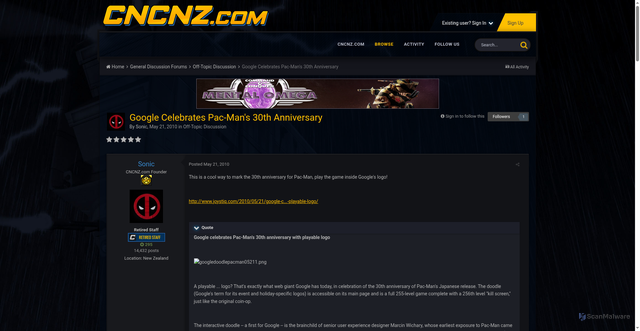 Security scan screenshot of https://forums.cncnz.com/topic/13797-google-celebrates-pac-mans-30th-anniversary/