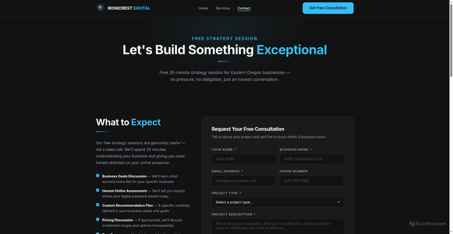 Security scan screenshot of https://ironcrest-digital.pages.dev/contact.html