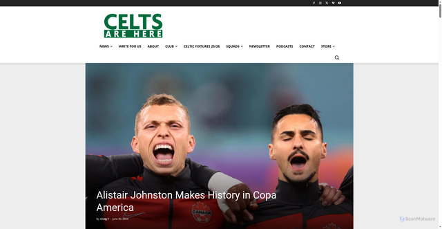 Security scan screenshot of https://celtsarehere.com/alistair-johnston-makes-history-in-copa-america/