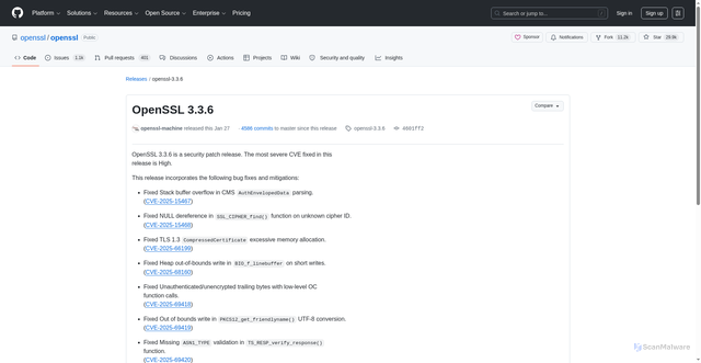 Security scan screenshot of https://github.com/openssl/openssl/releases/tag/openssl-3.3.6