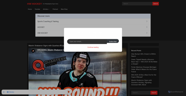 Security scan screenshot of https://hwhockey.net/maxim-shabanov-signs-with-quartexx-hockey-signaling-imminent-nhl-move/