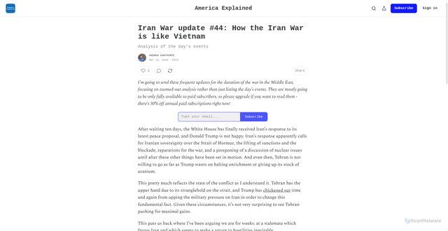Security scan screenshot of https://amerex.substack.com/p/iran-war-update-44-how-the-iran-war