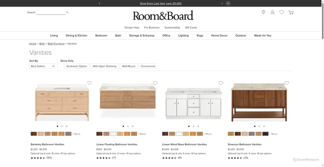 Security scan screenshot of https://www.roomandboard.com/catalog/bath/vanities?srsltid=AU7gw4VhsVHBADQ7wfP6eNkiGLX_F7d7MH3gJGJ_h_SLggCawIV-i9GA