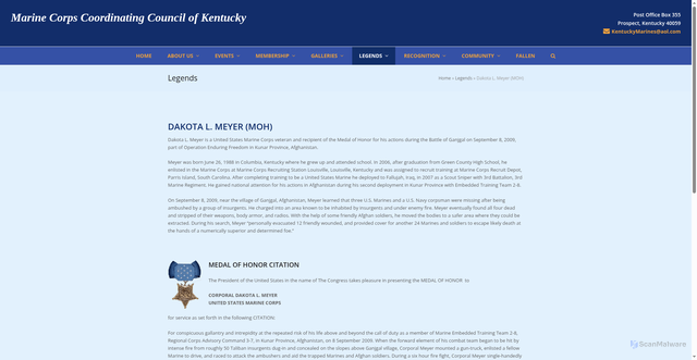 Security scan screenshot of https://kentuckymarines.org/legend/legends/dakota-l-meyer/
