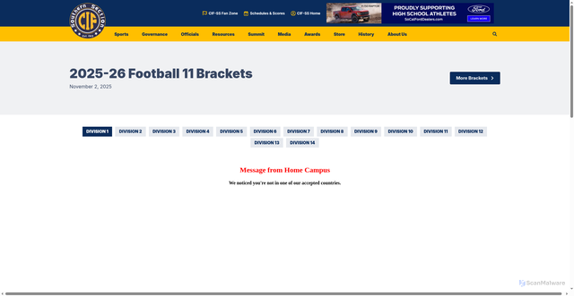 Security scan screenshot of https://cifss.org/brackets/2025-11-person-football/