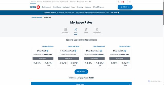 Security scan screenshot of https://www.bmo.com/main/personal/mortgages/mortgage-rates/