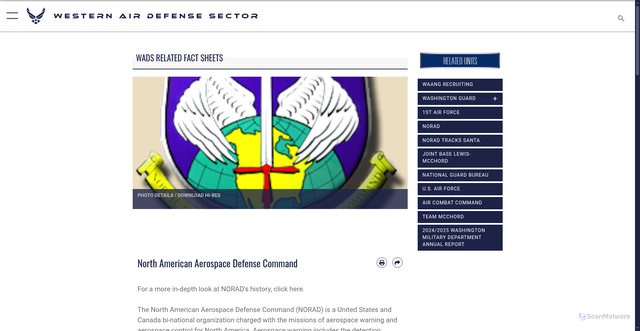 Security scan screenshot of https://www.wads.ang.af.mil/About-Us/Fact-Sheets/Article/1175459/north-american-aerospace-defense-command/