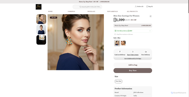 Security scan screenshot of https://jsncollections.com/Blue-Zinc-Earrings-For-Women/catalogue/0oX2LtW3/NmYGmpQw