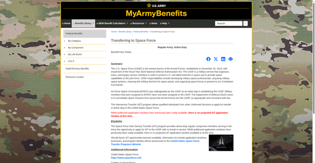 Security scan screenshot of https://myarmybenefits.us.army.mil/Benefit-Library/Federal-Benefits/Transferring-to-Space-Force?serv=122