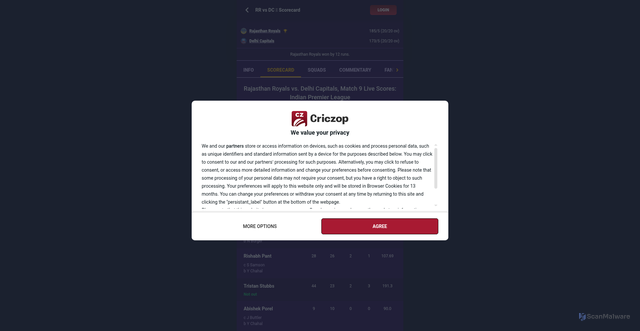 Security scan screenshot of https://www.criczop.com/scorecard/rajasthan-royals-vs-delhi-capitals-73809-128471