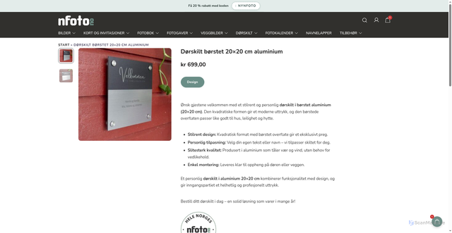 Security scan screenshot of https://nfoto.no/produkter/dorskilt-borstet-20x20-cm-aluminium/?utm_source=nfoto.no&utm_campaign=f8292dce5b-EMAIL_CAMPAIGN_2026_06_15_01_39&utm_medium=email&utm_term=0_-f8292dce5b-4832893&mc_cid=f8292dce5b&mc_eid=UNIQID