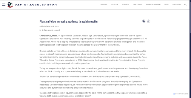 Security scan screenshot of https://www.aiaccelerator.af.mil/News/News-Article-View/Article/4438233/phantom-fellow-increasing-readiness-through-innovation/