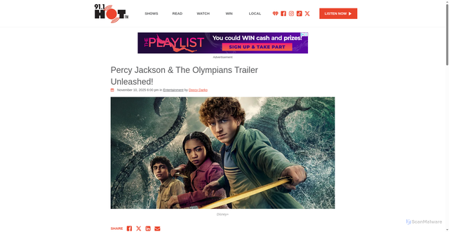 Security scan screenshot of https://www.911hotfm.com.au/trending/entertainment/percy-jackson-the-olympians-trailer-unleashed/