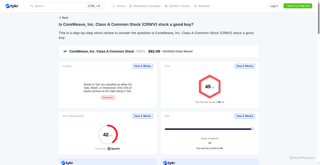 Security scan screenshot of https://tykr.com/stocks/crwv/nasdaq/