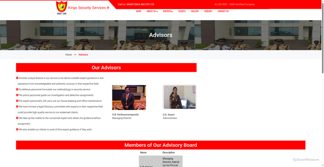 Security scan screenshot of http://kingssecurityservices.embassyhost.in/advisors.html