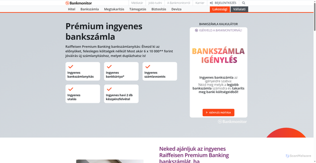 Security scan screenshot of https://ajanlatado.bankmonitor.info/raiffeisen-premium-bankszamla/?link_type=mobile-accordion-sub-menu-item