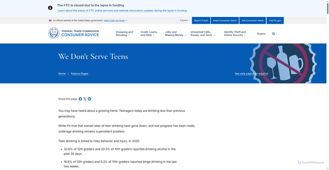 Security scan screenshot of https://consumer.ftc.gov/features/we-dont-serve-teens