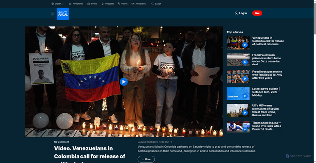 Security scan screenshot of https://www.euronews.com/video/2025/10/13/venezuelans-in-colombia-call-for-release-of-political-prisoners