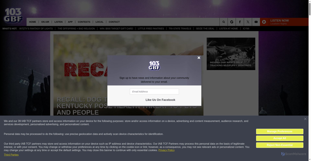 Security scan screenshot of https://103gbfrocks.com/recall-dog-treat-salmonella/