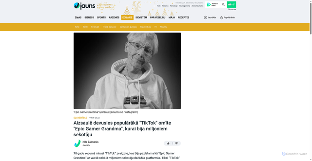 Security scan screenshot of https://jauns.lv/raksts/izklaide/688422-aizsaule-devusies-popularaka-tiktok-omite-epic-gamer-grandma-kurai-bija-miljoniem-sekotaju
