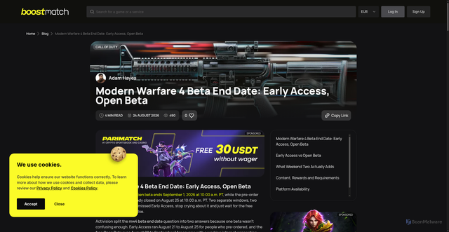 Security scan screenshot of https://boostmatch.gg/blog/call-of-duty/articles/modern-warfare-4-beta-end-date