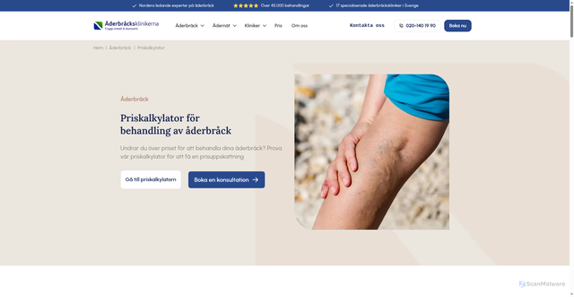 Security scan screenshot of https://www.aderbracksklinikerna.se/aderbrack/priskalkylator