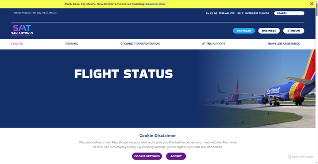 Security scan screenshot of https://flysanantonio.com/home/flights/flight-status/