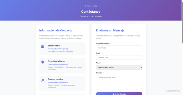 Security scan screenshot of https://servitrabajo.org/contacto.html