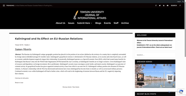 Security scan screenshot of https://wp.towson.edu/iajournal/articles/2010-2019/fall-2014-issue/kaliningrad-and-its-effect-on-eu-russian-relations/