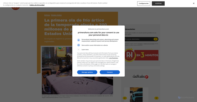 Security scan screenshot of https://www.primerahora.com/noticias/estados-unidos/notas/la-primera-ola-de-frio-artico-de-la-temporada-afecta-a-200-millones-de-personas-en-estados-unidos/