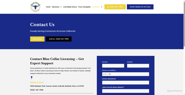 Security scan screenshot of https://licenciabluecollar.com/contactenos/