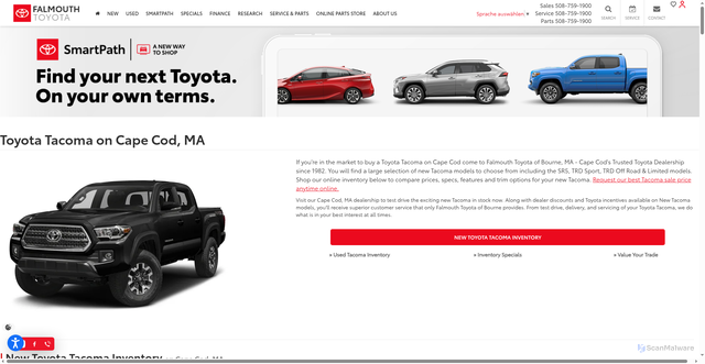 Security scan screenshot of https://www.falmouthtoyota.com/tacoma-near-cape-cod.html?srsltid=AfmBOopLkG8NJ7TIzzIZntONgUo-LHPs2nI3BLys4DsPUfuaBS_aFNvi